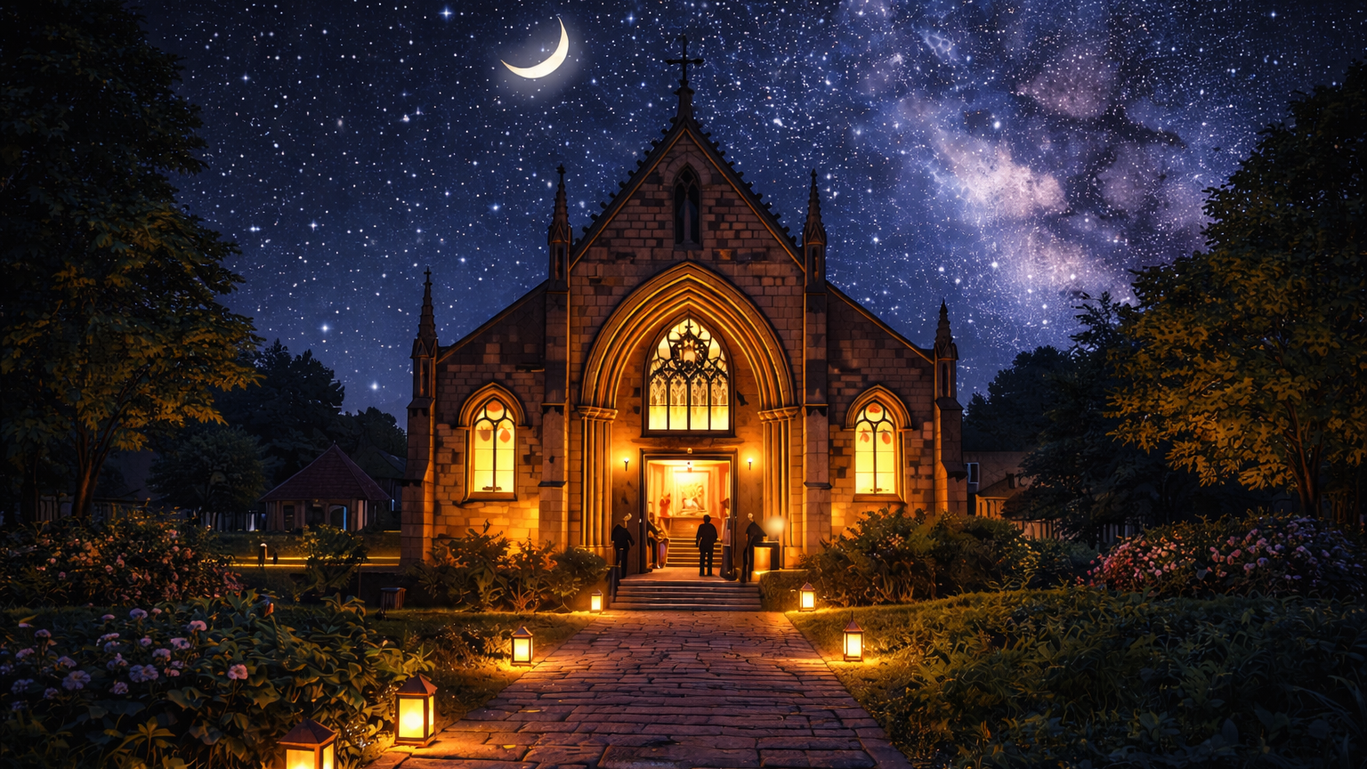 Comicartige Illustration einer Kirche bei Nacht: Eine beleuchtete Kirche steht am Ende eines gepflasterten Weges, der von kleinen Laternen gesäumt ist. Warme Lichtstrahlen kommen aus dem offenen Eingangsportal. Über der Kirche spannt sich ein sternklarer Himmel mit Mond, umgeben von Bäumen und Gärten. Die Szene wirkt einladend und ruhig.