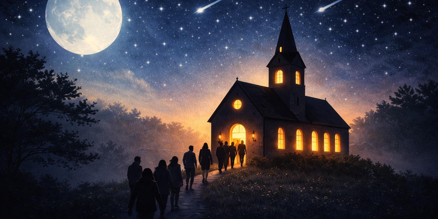 Nächtliche Szene mit einer kleinen Kirche auf einem Hügel. Warme Lichter leuchten aus den Fenstern der Kirche und erhellen den Weg dorthin. Mehrere Menschen gehen in einer Gruppe den Pfad zur Kirche hinauf. Am Himmel stehen ein heller Vollmond, zahlreiche Sterne und zwei Sternschnuppen. Die Atmosphäre wirkt ruhig, feierlich und einladend. (c) Pfarrei Saarwellingen St. Josef Nächtliche Szene mit einer kleinen Kirche auf einem Hügel. Warme Lichter leuchten aus den Fenstern der Kirche und erhellen den Weg dorthin. Mehrere Menschen gehen in einer Gruppe den Pfad zur Kirche hinauf. Am Himmel stehen ein heller Vollmond, zahlreiche Sterne und zwei Sternschnuppen. Die Atmosphäre wirkt ruhig, feierlich und einladend.
