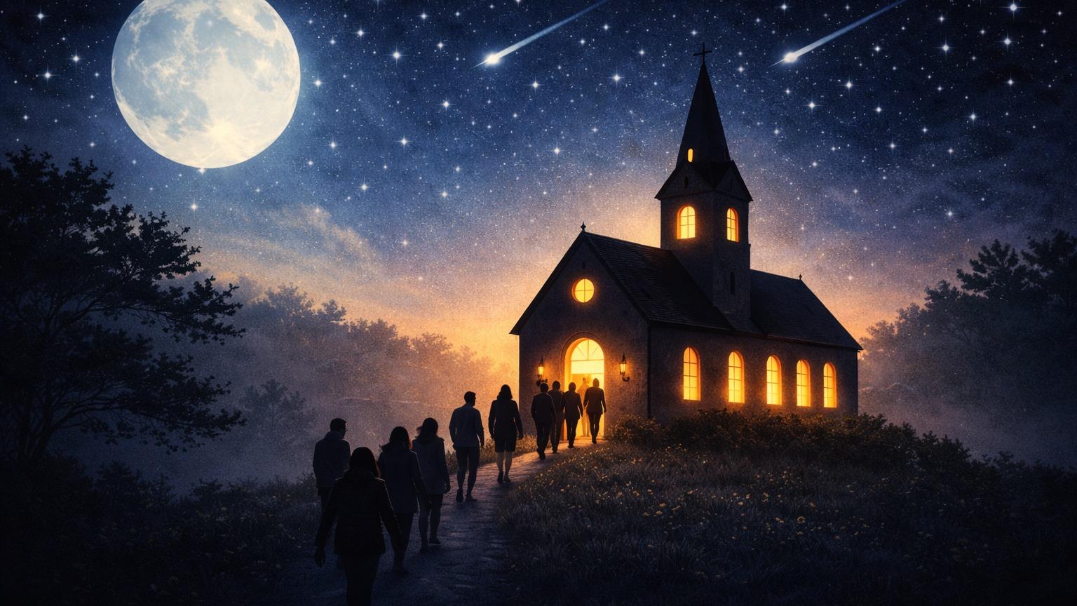 Nächtliche Szene mit einer kleinen Kirche auf einem Hügel. Warme Lichter leuchten aus den Fenstern der Kirche und erhellen den Weg dorthin. Mehrere Menschen gehen in einer Gruppe den Pfad zur Kirche hinauf. Am Himmel stehen ein heller Vollmond, zahlreiche Sterne und zwei Sternschnuppen. Die Atmosphäre wirkt ruhig, feierlich und einladend.