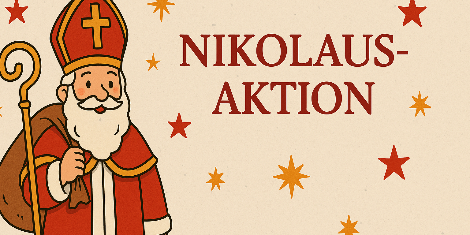 Ein freundliches Vorschaubild im Comicstil zur „Nikolausaktion“. Links steht ein lächelnder Nikolaus in rotem Mantel, mit Mitra, Bischofsstab und Geschenkesack. Rechts daneben befindet sich der Schriftzug „Nikolaus-Aktion“ in einer warmen, roten Serifenschrift. Umgeben ist das Motiv von goldenen und roten Sternen auf einem beigefarbenen, leicht strukturierten Hintergrund. Das Bild wirkt warm, einladend und weihnachtlich.