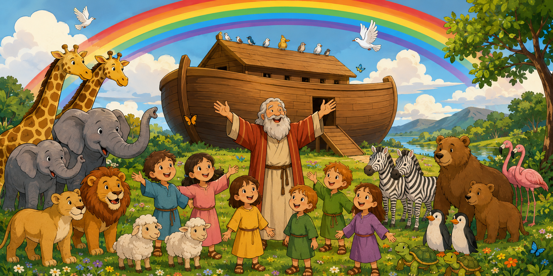 Bunte Comic-Illustration zur Geschichte von Noahs Arche. Unter einem großen Regenbogen stehen fröhliche Kinder zusammen mit Noah vor einer großen Holz-Arche auf einer grünen Wiese. Rundherum sind viele Tiere zu sehen, darunter Giraffen, Elefanten, Löwen, Zebras, Schafe und Bären. Die Szene wirkt freundlich, lebendig und einladend, mit blauem Himmel und sonniger Stimmung. (c) Pfarrei Saarwellingen St. Josef Bunte Comic-Illustration zur Geschichte von Noahs Arche. Unter einem großen Regenbogen stehen fröhliche Kinder zusammen mit Noah vor einer großen Holz-Arche auf einer grünen Wiese. Rundherum sind viele Tiere zu sehen, darunter Giraffen, Elefanten, Löwen, Zebras, Schafe und Bären. Die Szene wirkt freundlich, lebendig und einladend, mit blauem Himmel und sonniger Stimmung.