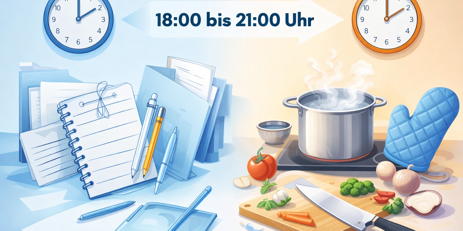 Illustration im Querformat mit zwei Bereichen: Links liegen Notizblöcke, Stifte und Unterlagen als Symbol für Austausch, Planung und Ideenarbeit. Rechts sind Kochtopf, Schneidebrett, Messer und frisches Gemüse zu sehen, die gemeinsames Kochen darstellen. Zwei Uhren und ein Pfeil verbinden beide Bereiche und symbolisieren den zeitlichen Übergang vom offenen Treff zum Kochtreff.
