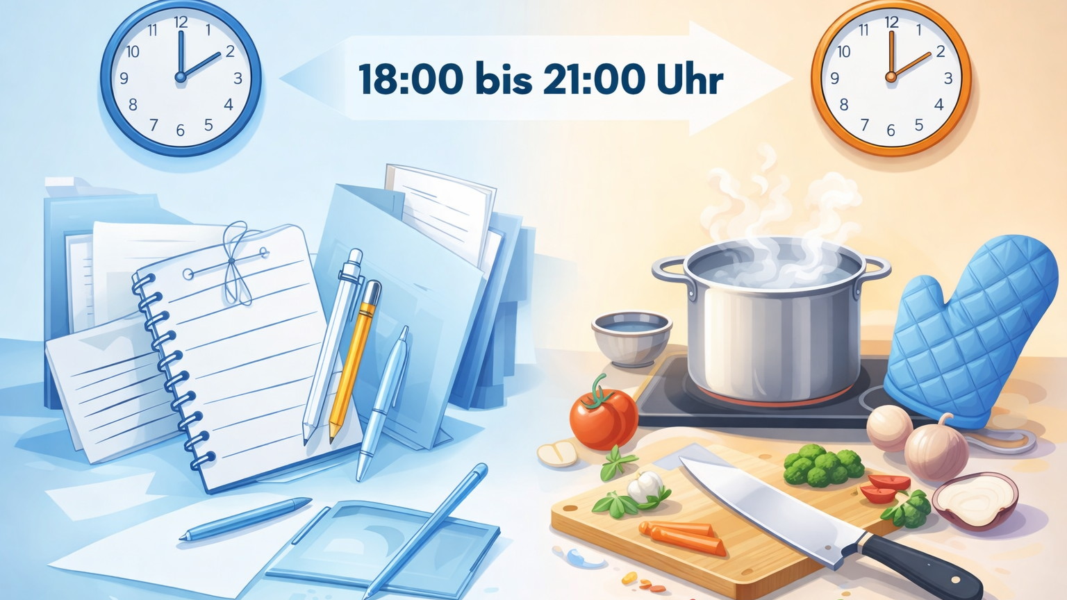 Illustration im Querformat mit zwei Bereichen: Links liegen Notizblöcke, Stifte und Unterlagen als Symbol für Austausch, Planung und Ideenarbeit. Rechts sind Kochtopf, Schneidebrett, Messer und frisches Gemüse zu sehen, die gemeinsames Kochen darstellen. Zwei Uhren und ein Pfeil verbinden beide Bereiche und symbolisieren den zeitlichen Übergang vom offenen Treff zum Kochtreff.