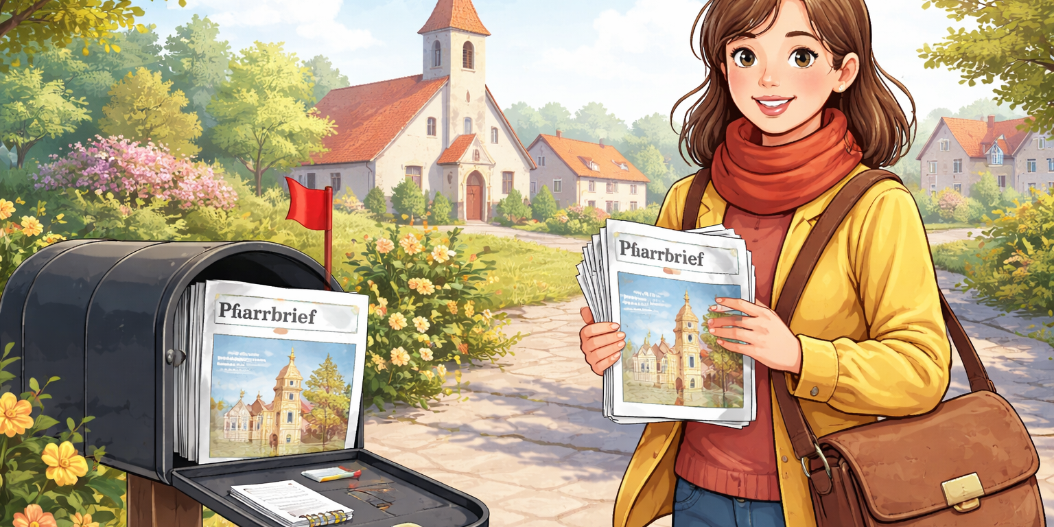 Illustration einer Person, die in einer ruhigen Wohngegend Pfarrbriefe austrägt. In der Hand hält sie mehrere Exemplare eines Pfarrbriefs und legt diese in einen geöffneten Briefkasten. Im Hintergrund sind Einfamilienhäuser und eine Kirche zu sehen. Das Bild steht für ehrenamtliches Engagement und Gemeindearbeit vor Ort.