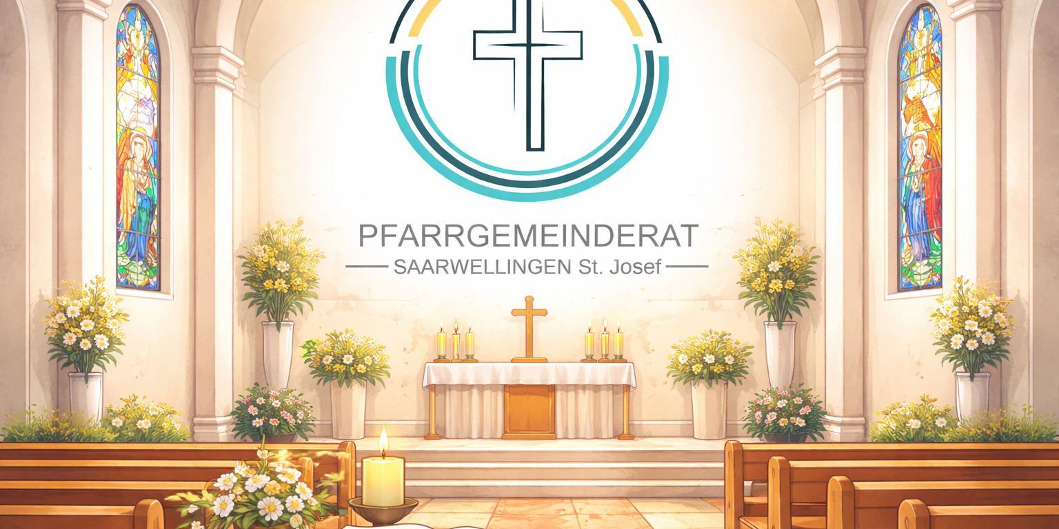 Ruhige kirchliche Illustration im freundlichen Comic-Stil: Innenraum einer Kirche mit Altar, Kerzen, Blumen und bunten Glasfenstern. Im Mittelpunkt steht das Logo des Pfarrgemeinderates mit stilisiertem Kreuz und farbigen Kreisbögen. Die Darstellung wirkt klar, würdevoll und eignet sich als allgemeines Artikelbild für den Pfarrgemeinderat der Pfarrei Saarwellingen St. Josef.