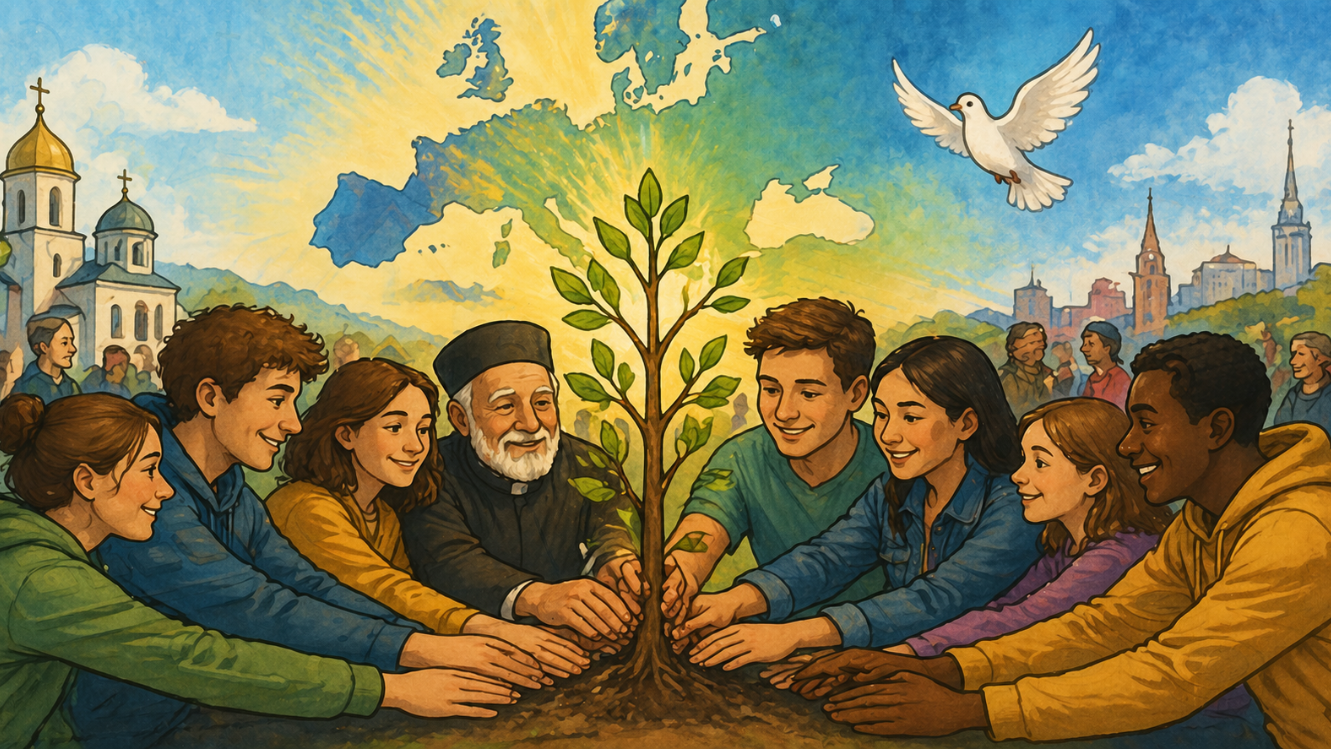 Bunte Illustration einer vielfältigen Gruppe von Menschen, die gemeinsam einen jungen Baum pflanzen, vor einer stilisierten Europakarte mit Kirche und Friedenstaube im Hintergrund – Symbol für Zusammenhalt und ein menschliches Europa.