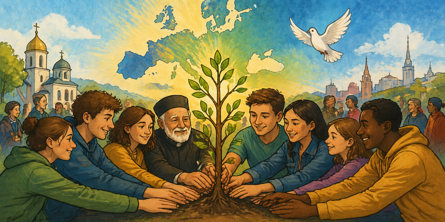 Bunte Illustration einer vielfältigen Gruppe von Menschen, die gemeinsam einen jungen Baum pflanzen, vor einer stilisierten Europakarte mit Kirche und Friedenstaube im Hintergrund – Symbol für Zusammenhalt und ein menschliches Europa.