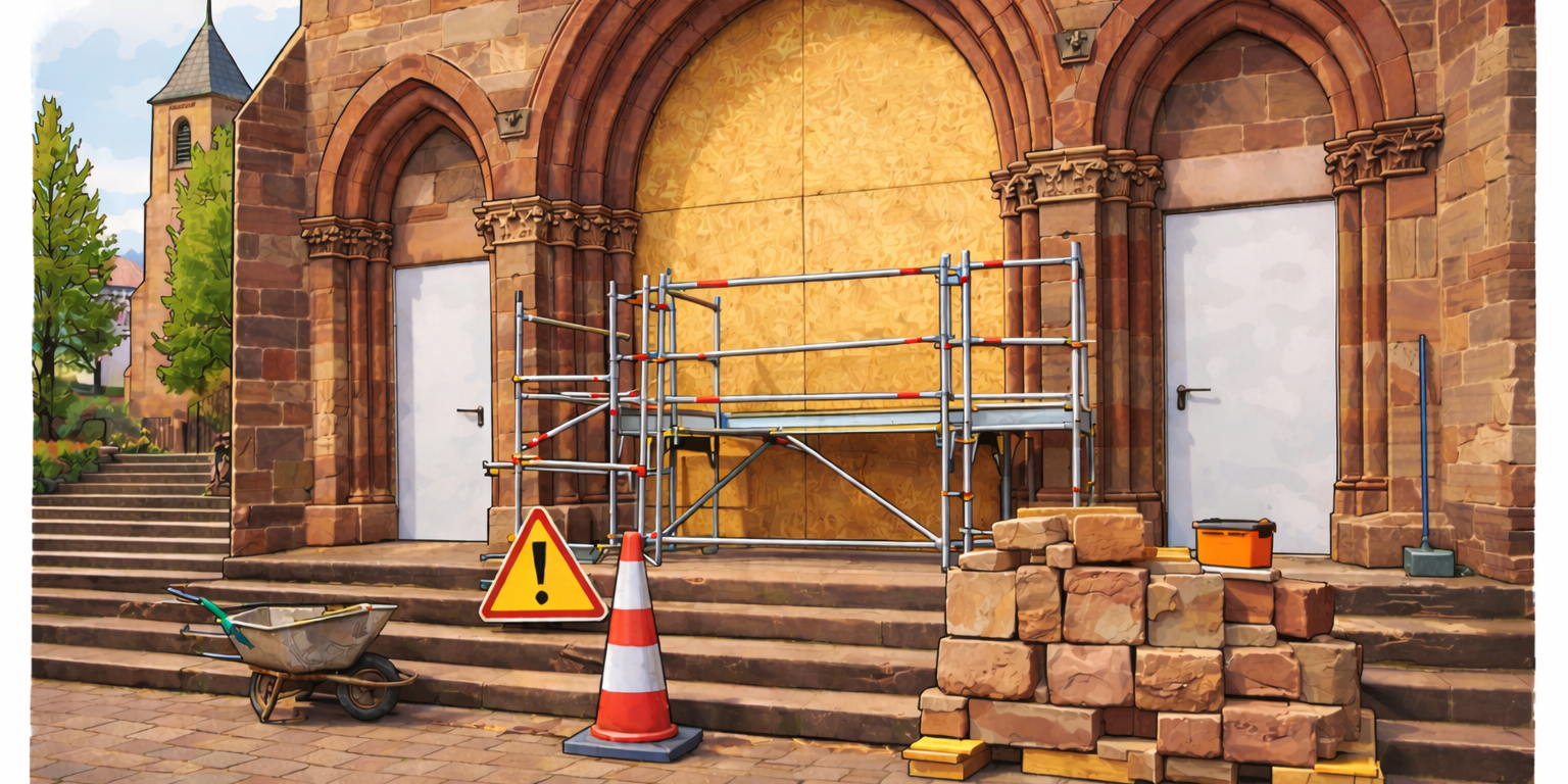 Comicartige Illustration der Kirchenfassade mit drei Rundbogen-Portalen aus rötlichem Sandstein. Das mittlere Portal ist mit einer Holzplatte verschlossen, davor steht ein Baugerüst. Auf den Treppen liegen Baustellenmaterialien wie Sandsteinblöcke, Werkzeugkasten und eine Schubkarre; ein Warnschild und ein Verkehrskegel markieren die Baustelle. Links führt eine Treppe nach oben, im Hintergrund ist ein Kirchturm zu sehen. (c) Pfarrei Saarwellingen St. Josef Comicartige Illustration der Kirchenfassade mit drei Rundbogen-Portalen aus rötlichem Sandstein. Das mittlere Portal ist mit einer Holzplatte verschlossen, davor steht ein Baugerüst. Auf den Treppen liegen Baustellenmaterialien wie Sandsteinblöcke, Werkzeugkasten und eine Schubkarre; ein Warnschild und ein Verkehrskegel markieren die Baustelle. Links führt eine Treppe nach oben, im Hintergrund ist ein Kirchturm zu sehen.