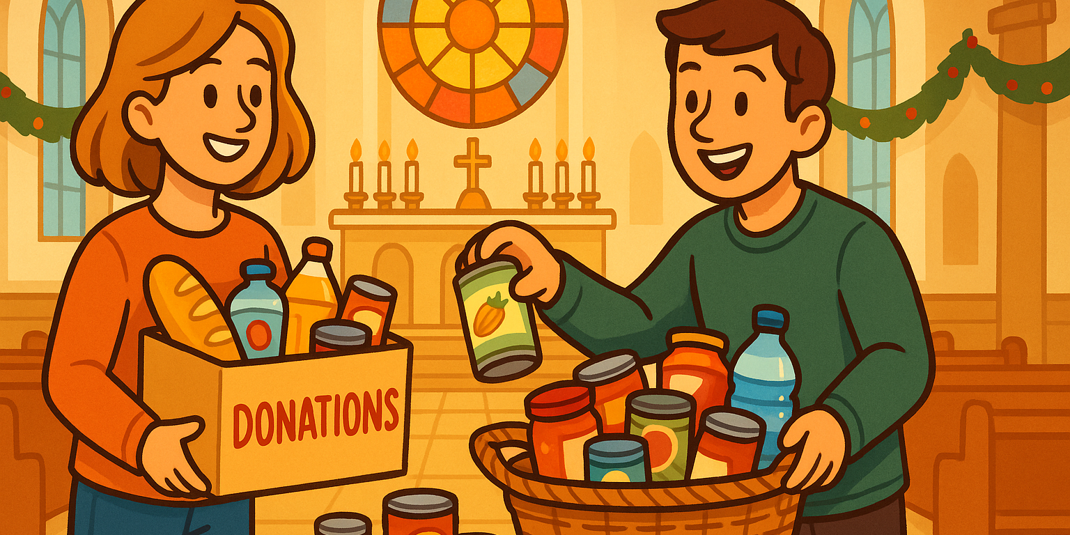 Eine fröhliche, helle Comicillustration zeigt zwei lächelnde Personen in der Kirche St. Bartholomäus, die haltbare Lebensmittel für die Dillinger Tafel sammeln. Eine Person hält einen Karton voller Spenden, die andere legt weitere Dosen in einen großen Korb. Im Hintergrund sind Kirchenbänke, ein geschmücktes Kirchenschiff und ein farbiges Rundfenster über dem Altar zu sehen. Die Szene wirkt warm, freundlich und einladend.