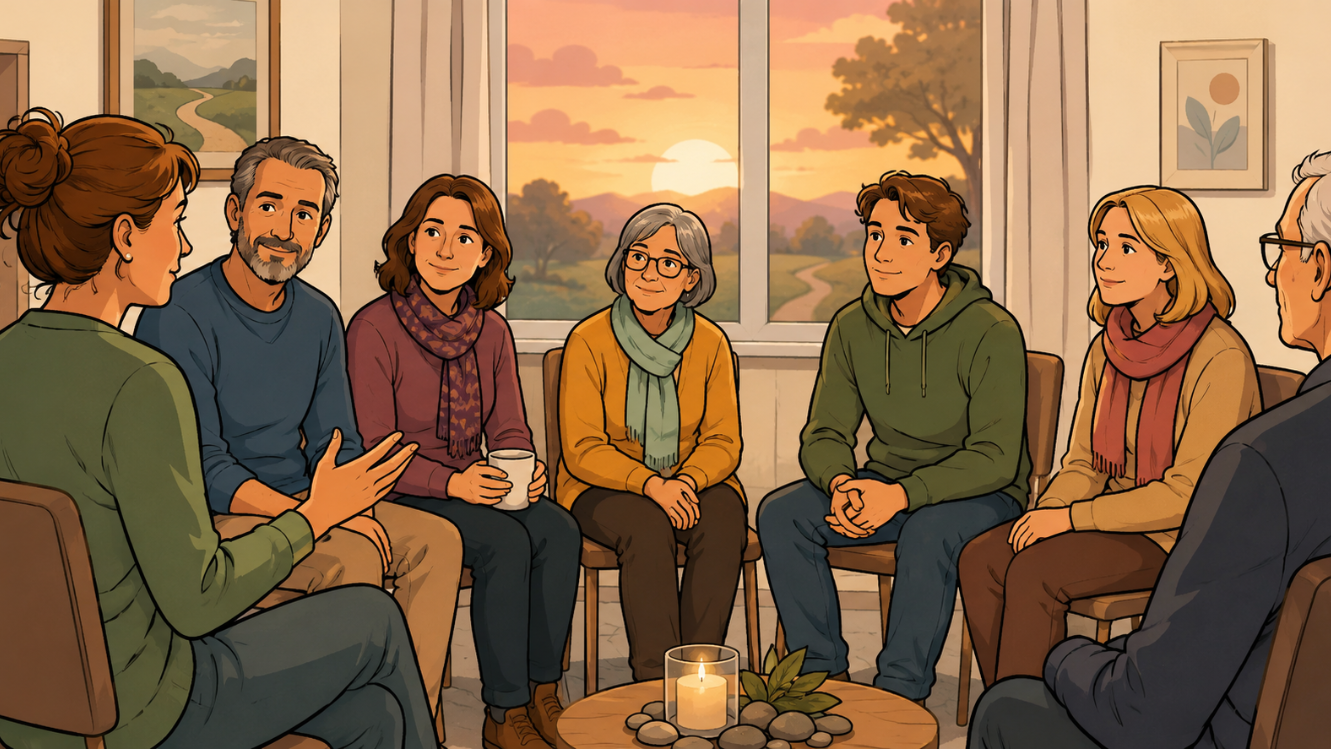 Comicartige Illustration eines warmen Gesprächskreises in gemütlicher Atmosphäre. Mehrere Menschen unterschiedlichen Alters sitzen aufmerksam und freundlich in einem Stuhlkreis zusammen. Eine Frau spricht zur Gruppe, während die anderen interessiert zuhören. Im Hintergrund scheint die Abendsonne durch große Fenster und sorgt für eine ruhige, unterstützende Stimmung.