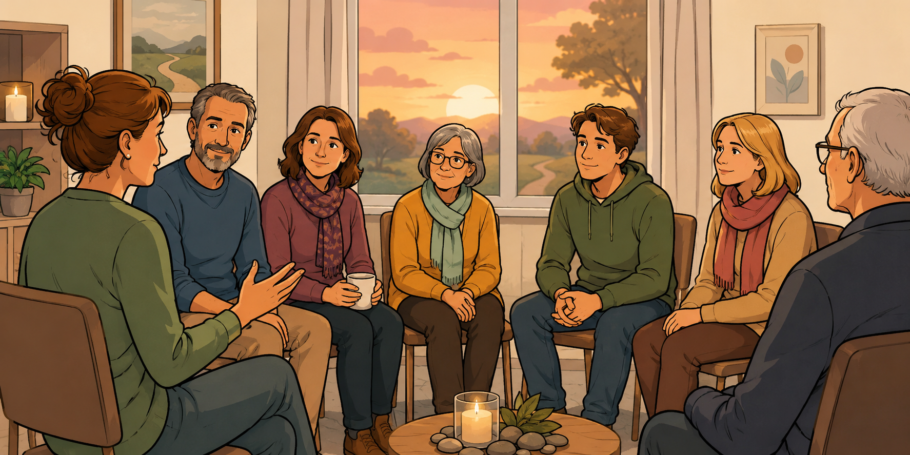 Comicartige Illustration eines warmen Gesprächskreises in gemütlicher Atmosphäre. Mehrere Menschen unterschiedlichen Alters sitzen aufmerksam und freundlich in einem Stuhlkreis zusammen. Eine Frau spricht zur Gruppe, während die anderen interessiert zuhören. Im Hintergrund scheint die Abendsonne durch große Fenster und sorgt für eine ruhige, unterstützende Stimmung. (c) Pfarrei Saarwellingen St. Josef Comicartige Illustration eines warmen Gesprächskreises in gemütlicher Atmosphäre. Mehrere Menschen unterschiedlichen Alters sitzen aufmerksam und freundlich in einem Stuhlkreis zusammen. Eine Frau spricht zur Gruppe, während die anderen interessiert zuhören. Im Hintergrund scheint die Abendsonne durch große Fenster und sorgt für eine ruhige, unterstützende Stimmung.
