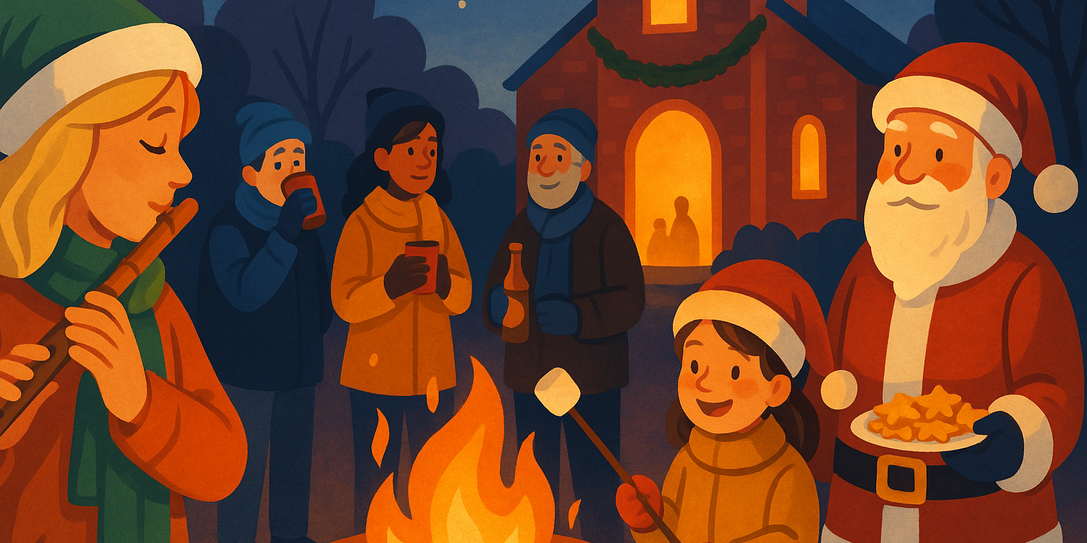 Ein gemütliches, winterliches Vorschaubild im warmen Comicstil zeigt einen adventlichen Umtrunk im Freien. Menschen stehen in dicken Jacken um eine Feuerschale, trinken warme Getränke und unterhalten sich. Ein Mädchen röstet Marshmallows, daneben steht ein Nikolaus mit einem Teller Plätzchen. Links spielt eine Frau Flöte. Im Hintergrund steht die hell erleuchtete Kirche St. Marien, geschmückt mit einem grünen Adventskranz. Die Szene wirkt freundlich, stimmungsvoll und einladend.
