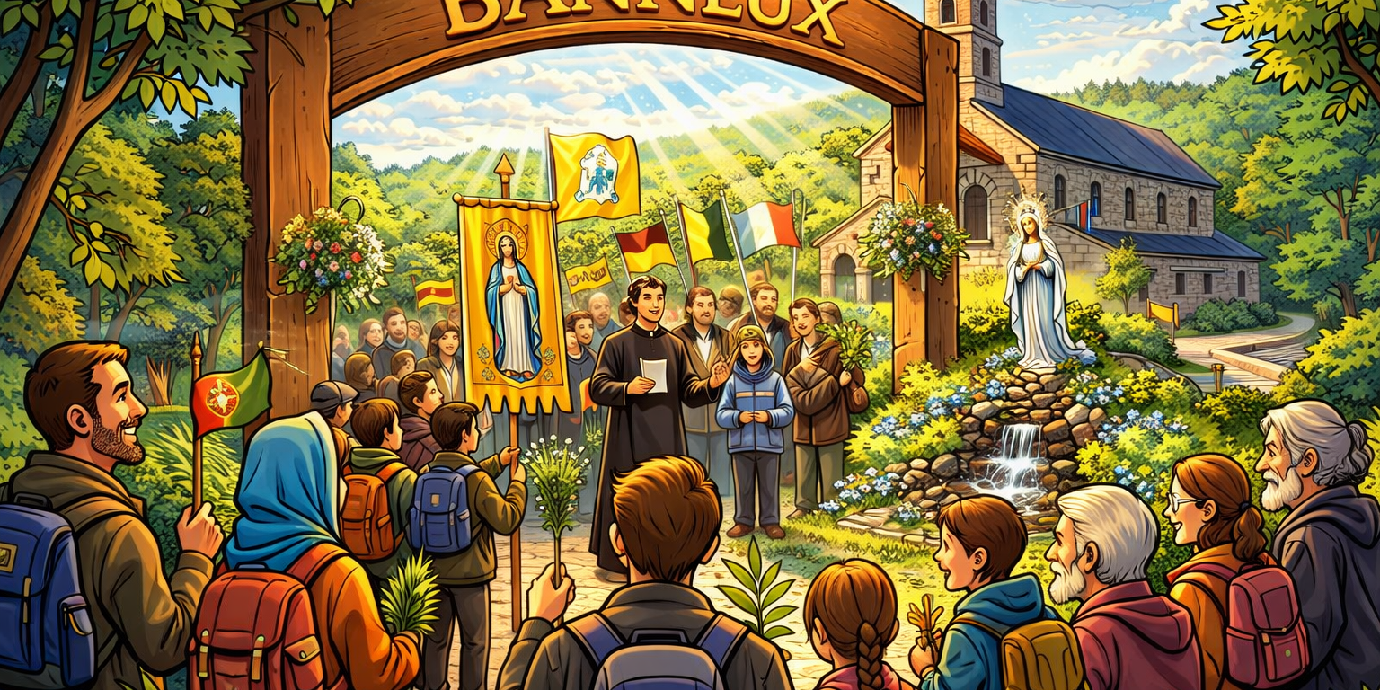 Wallfahrt nach Banneux: Eine Gruppe von Pilgern zieht gemeinsam mit Fahnen und Rucksäcken durch eine grüne Landschaft in Richtung eines Marienheiligtums. Ein Geistlicher führt die Gruppe an, während die Teilnehmenden betend und singend unterwegs sind.