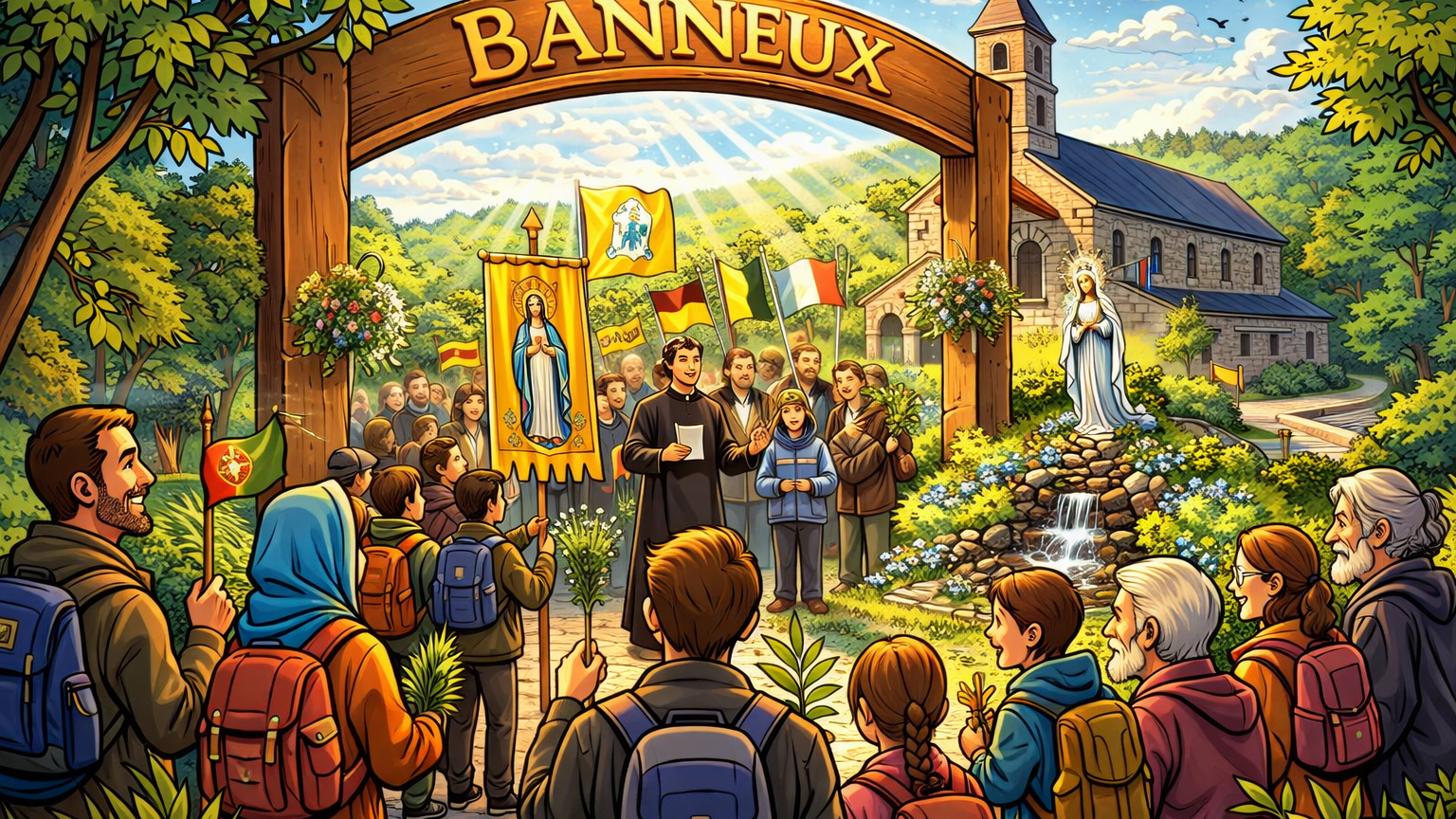 Wallfahrt nach Banneux: Eine Gruppe von Pilgern zieht gemeinsam mit Fahnen und Rucksäcken durch eine grüne Landschaft in Richtung eines Marienheiligtums. Ein Geistlicher führt die Gruppe an, während die Teilnehmenden betend und singend unterwegs sind.