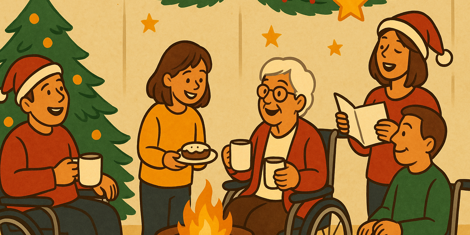 Ein warmes, freundliches Vorschaubild im weihnachtlichen Comicstil zeigt eine gemütliche Weihnachtsfeier. Menschen verschiedener Altersgruppen und mit unterschiedlichen körperlichen Fähigkeiten sitzen gemeinsam in einem festlich geschmückten Raum. Zwei Personen im Rollstuhl halten warme Getränke, ein Mädchen reicht Gebäck, und eine Frau singt aus einem Liederbuch. Ein kleiner Feuerkorb wärmt die Runde, im Hintergrund stehen ein geschmückter Weihnachtsbaum und eine Girlande mit Sternen. Die Szene wirkt einladend, harmonisch und voller Gemeinschaft.