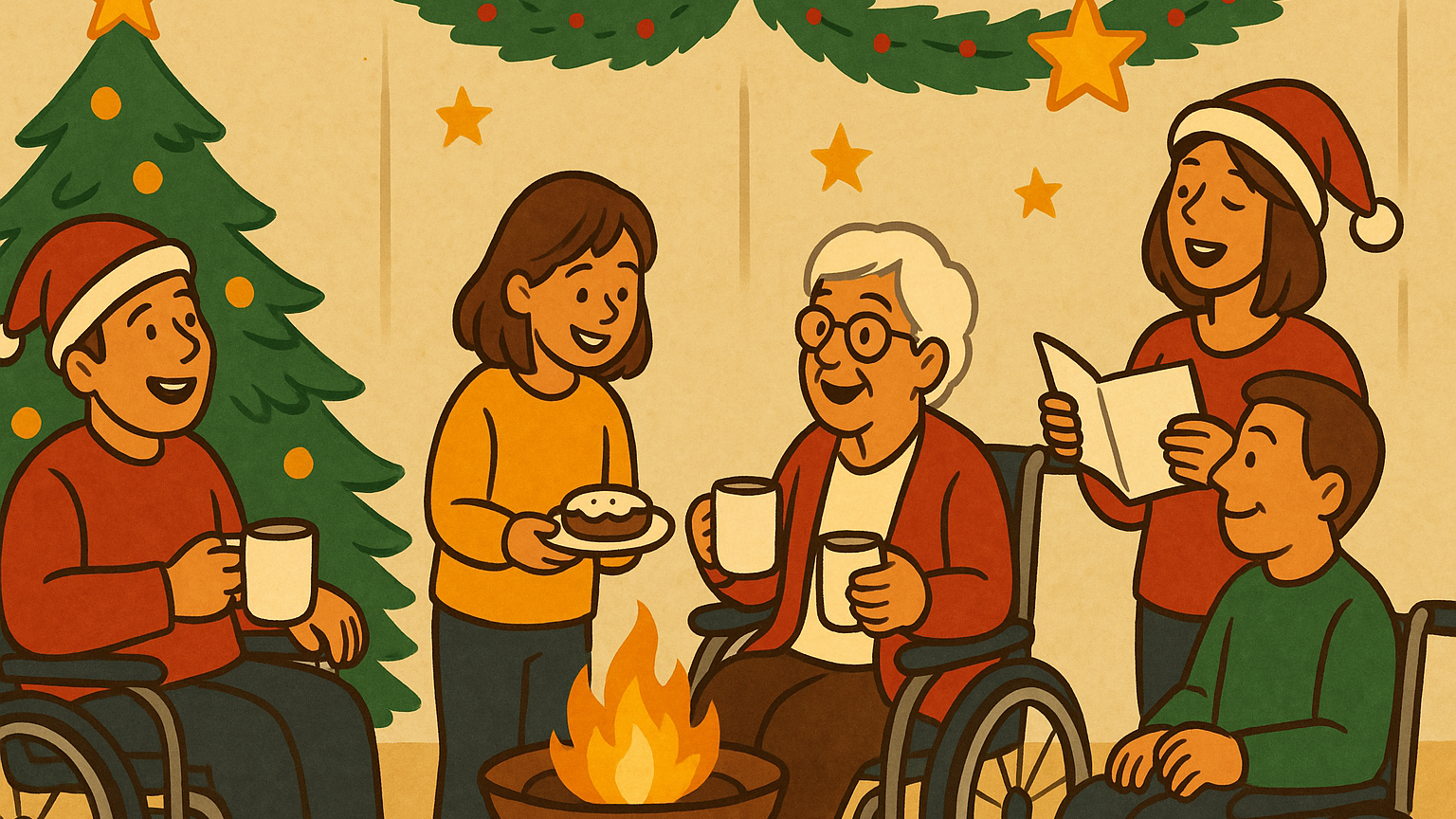 Ein warmes, freundliches Vorschaubild im weihnachtlichen Comicstil zeigt eine gemütliche Weihnachtsfeier. Menschen verschiedener Altersgruppen und mit unterschiedlichen körperlichen Fähigkeiten sitzen gemeinsam in einem festlich geschmückten Raum. Zwei Personen im Rollstuhl halten warme Getränke, ein Mädchen reicht Gebäck, und eine Frau singt aus einem Liederbuch. Ein kleiner Feuerkorb wärmt die Runde, im Hintergrund stehen ein geschmückter Weihnachtsbaum und eine Girlande mit Sternen. Die Szene wirkt einladend, harmonisch und voller Gemeinschaft.