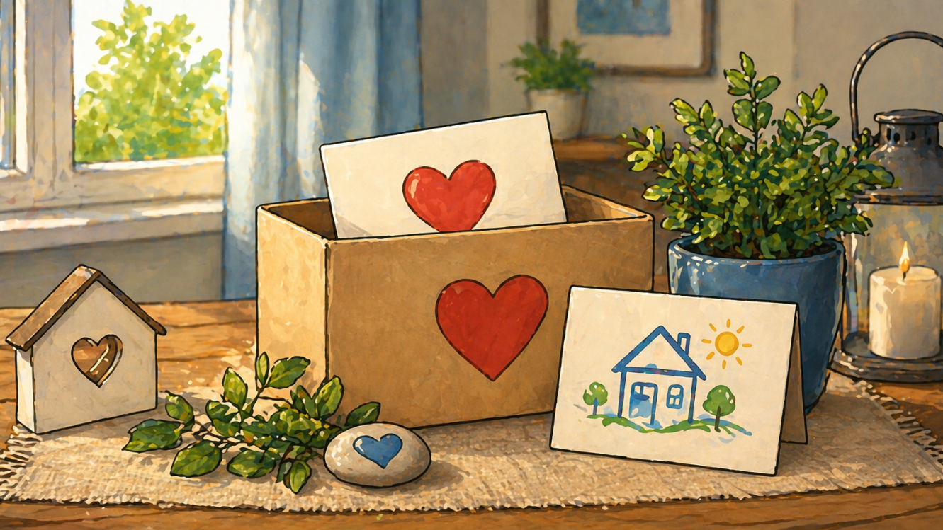Warme Comic-Illustration einer Spendenbox mit Herzsymbol auf einem Tisch in einem gemütlichen Raum, umgeben von Pflanzen, Kerzenlicht und kleinen Hausdarstellungen als Symbol für Unterstützung und Wohnhilfe, ohne Personen.