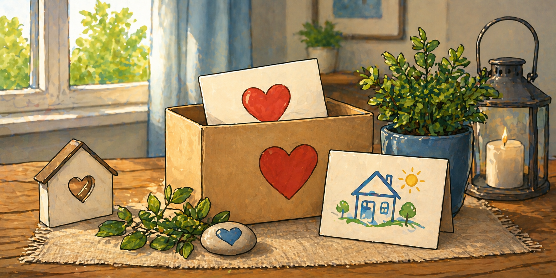 Warme Comic-Illustration einer Spendenbox mit Herzsymbol auf einem Tisch in einem gemütlichen Raum, umgeben von Pflanzen, Kerzenlicht und kleinen Hausdarstellungen als Symbol für Unterstützung und Wohnhilfe, ohne Personen.