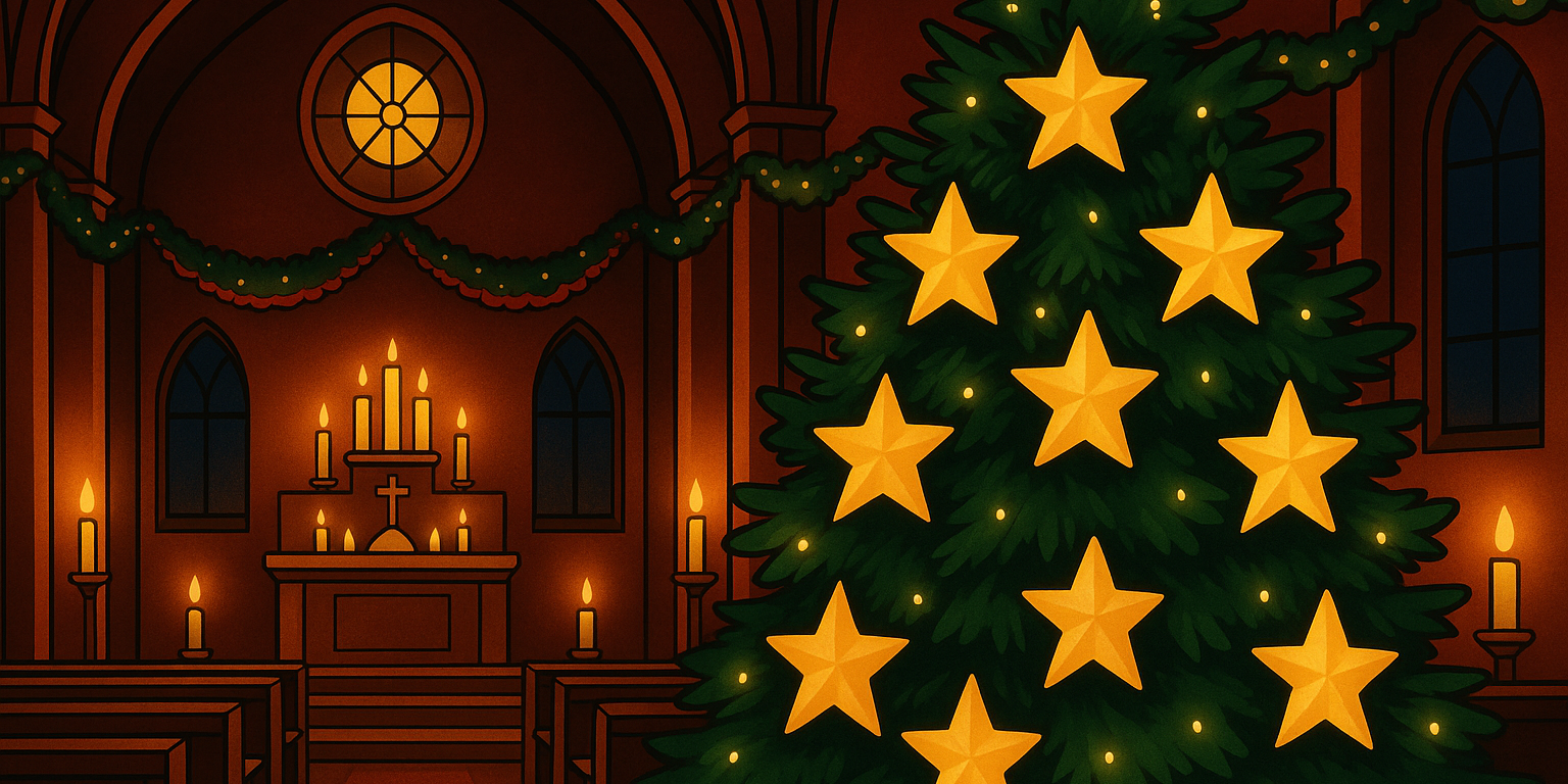 Eine festlich erleuchtete Kirche im Comicstil. Im Vordergrund steht ein großer, dunkelgrüner Weihnachtsbaum, dessen viele gelb leuchtende Sternanhänger deutlich hervorstrahlen und einen starken Kontrast zum warmen, rötlich beleuchteten Kirchenraum bilden. Im Hintergrund sind ein geschmückter Altar mit zahlreichen brennenden Kerzen, Girlanden und hohe Kirchenfenster zu sehen. Die gesamte Szene wirkt warm, festlich und weihnachtlich. (c) Pfarrei St. Josef Saarwellingen Eine festlich erleuchtete Kirche im Comicstil. Im Vordergrund steht ein großer, dunkelgrüner Weihnachtsbaum, dessen viele gelb leuchtende Sternanhänger deutlich hervorstrahlen und einen starken Kontrast zum warmen, rötlich beleuchteten Kirchenraum bilden. Im Hintergrund sind ein geschmückter Altar mit zahlreichen brennenden Kerzen, Girlanden und hohe Kirchenfenster zu sehen. Die gesamte Szene wirkt warm, festlich und weihnachtlich.